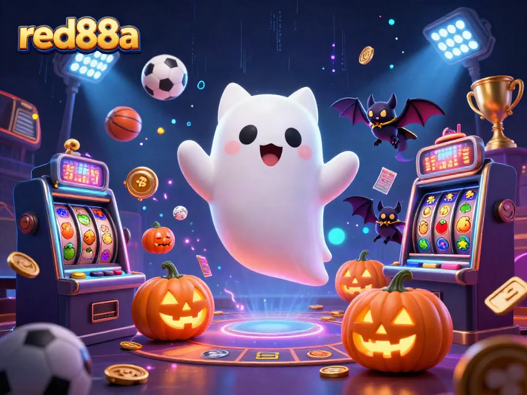 Engage with the vibrant scene of red88a, where a ghost cat and bat unveil casino excitement with slot machines and sports dynamics.