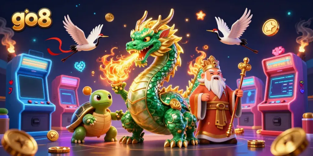 Engaging go8 casino scene with a dragon, turtle, and cranes amidst vibrant gaming elements.