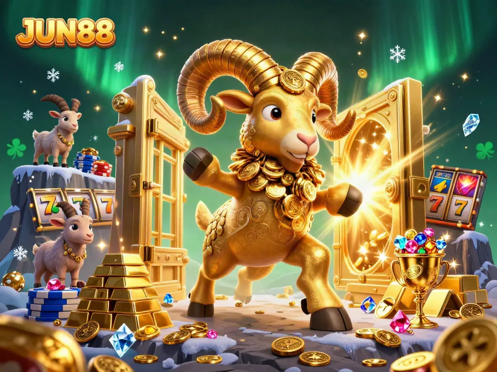 Experience JUN88's thrilling casino atmosphere with a dynamic golden ram charging through stacked coin spectators surrounded by jackpot elements.