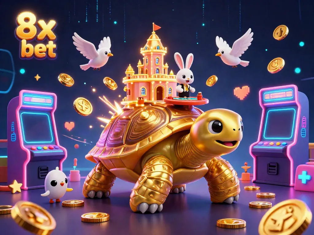 Experience excitement with 8x bet in this vibrant casino illustration featuring a golden tortoise and a rabbit dealer.