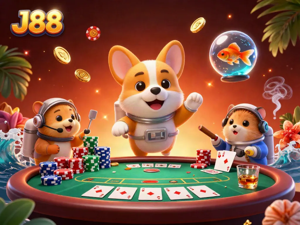 Engage in thrilling poker action at J88 casino with an astronaut corgi and vibrant floating coins.