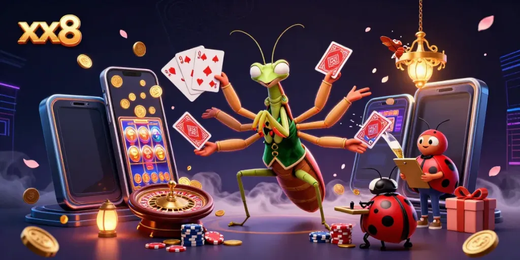 Experience thrilling gameplay with xx8's vibrant casino scene featuring a lively mantis card sharp.