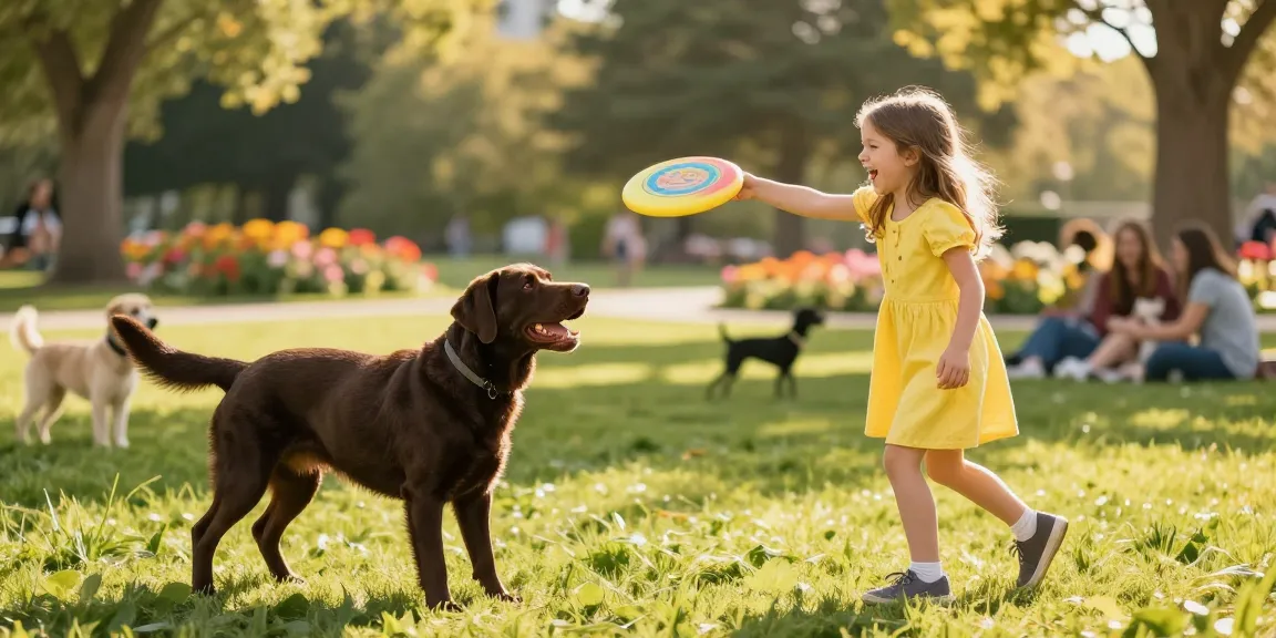 Chocolate labs enjoying playful moments in the park with children, showcasing their friendly and energetic nature.