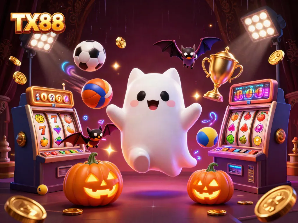 Engaging scene of TX88 with a friendly ghost cat and a bat in a haunted casino filled with dynamic gaming elements.