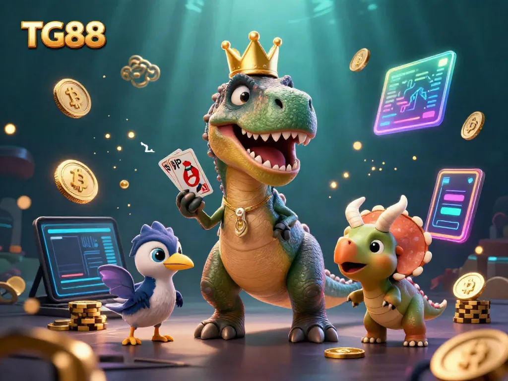 Experience TG88 with a playful T-Rex dealing cards, enhancing the online gambling atmosphere with golden chips and cryptocurrencies.