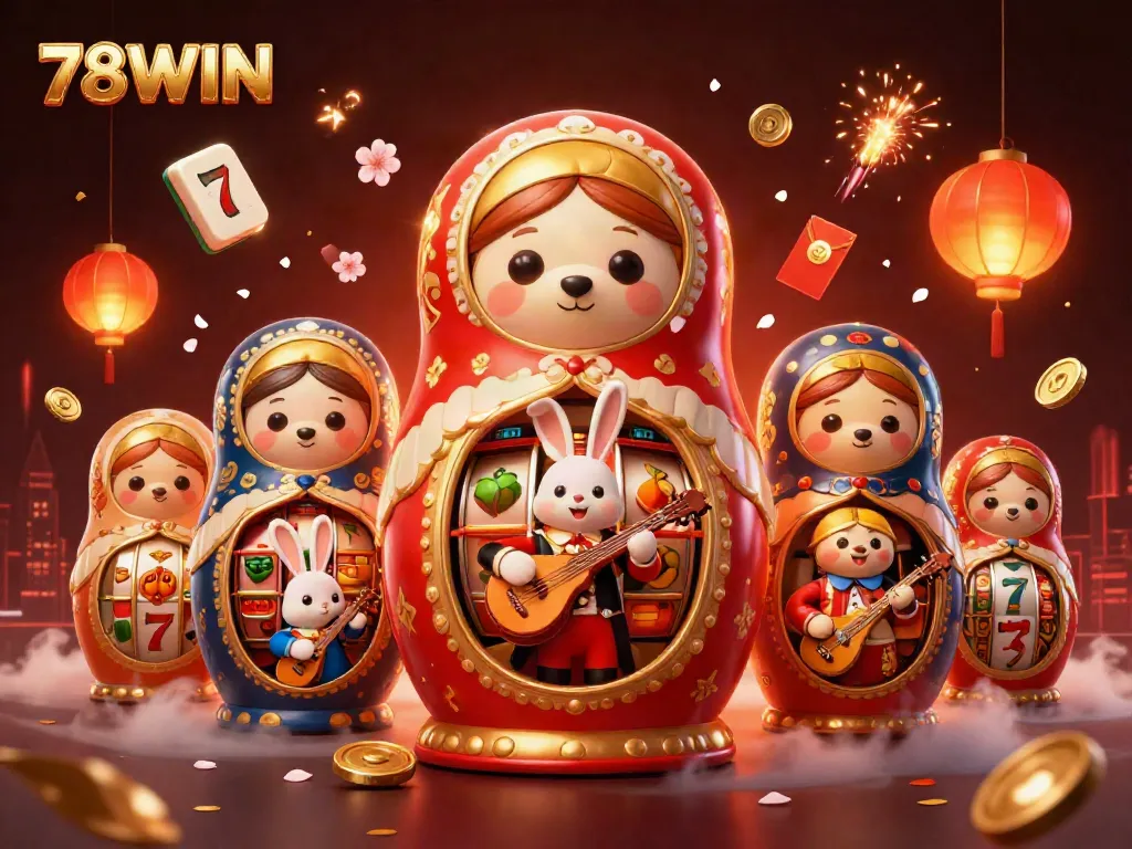 Engage in thrilling games at 78WIN with Matryoshka bears, vibrant casino symbols, and lively atmosphere.