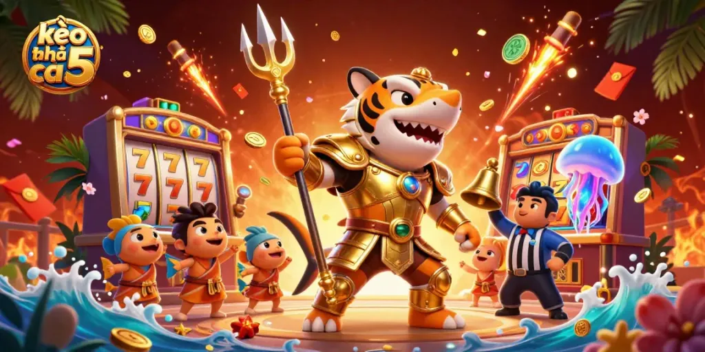 Engage in thrilling action with kèo nhà cái 5 in a dynamic underwater scene featuring a golden armored shark and slot machines.