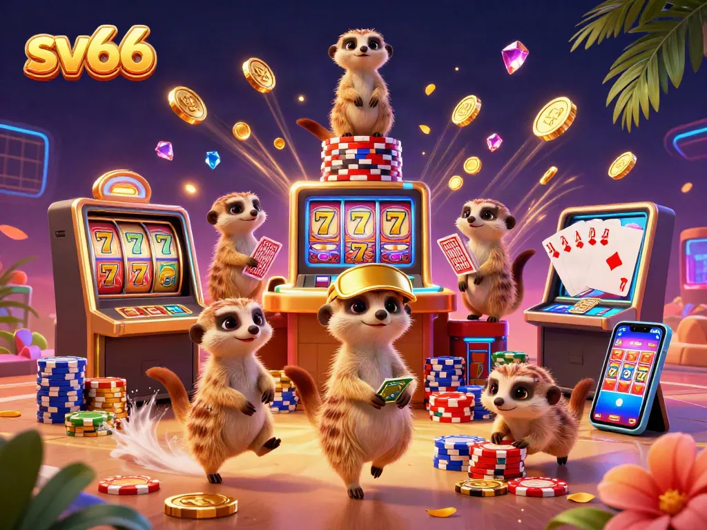 Engage with sv66's thrilling casino scene featuring meerkats, golden coins, and vibrant slot games.