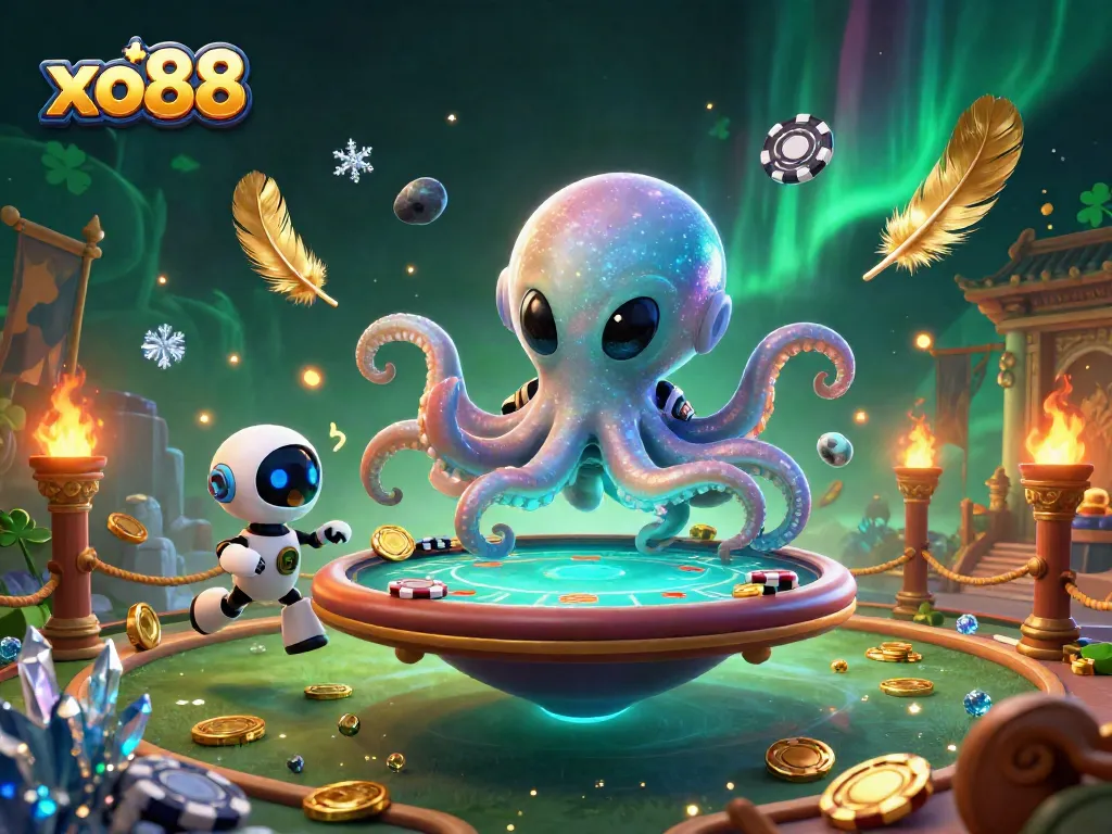 Experience thrilling games at xo88 as an alien octopus spins a holographic poker table with asteroids.