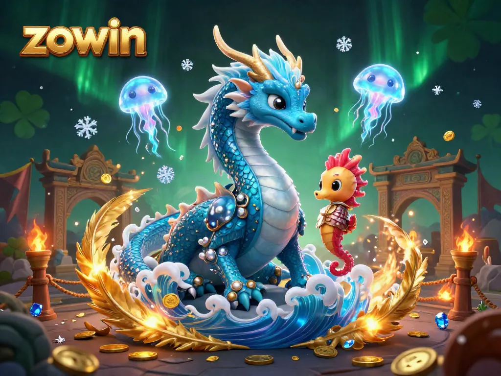 Experience the dynamic underwater adventure with ZOWIN, featuring a mythical water dragon and vibrant gaming elements.