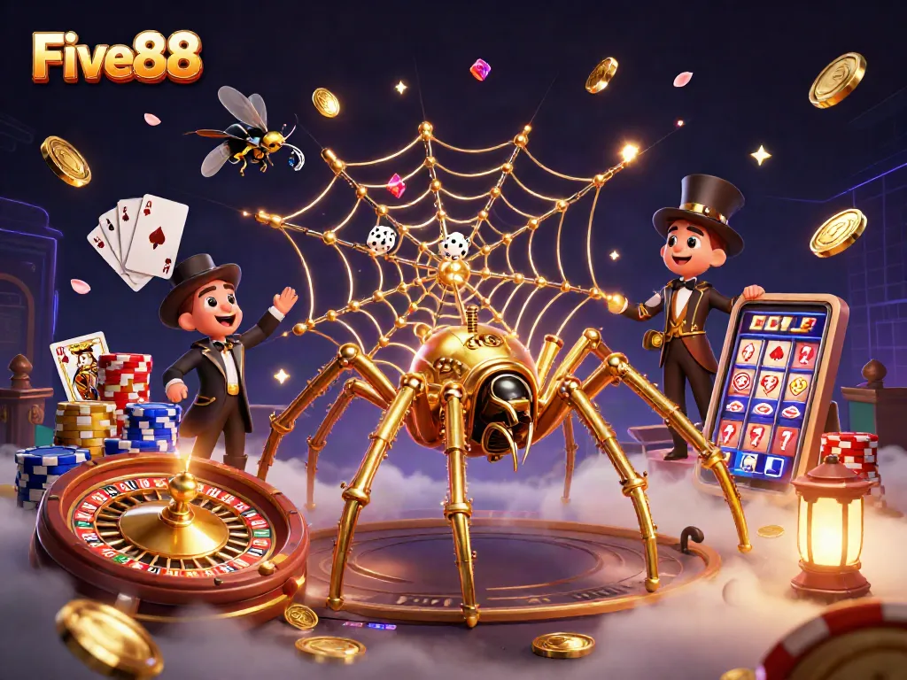 Experience Five88's thrilling gaming atmosphere with lively characters and dynamic casino elements.