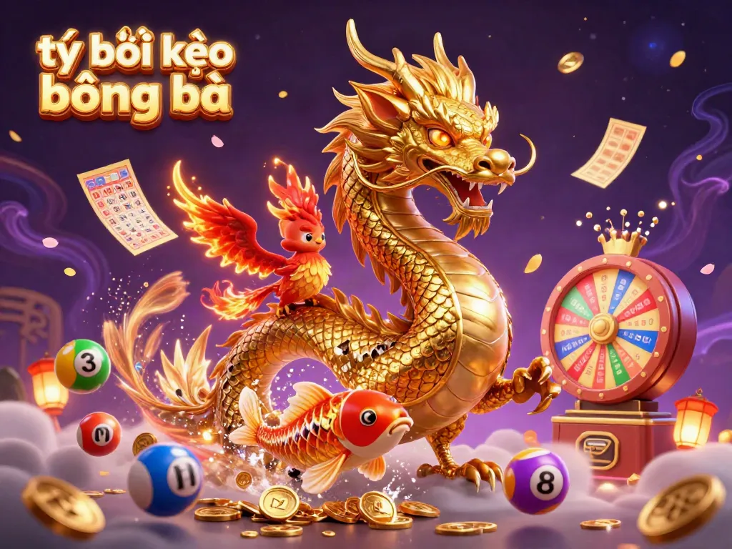 Experience thrilling tỷ lệ kèo bóng đá action with dynamic illustrations of a Chinese dragon, phoenix, and koi fish amidst vibrant game elements.