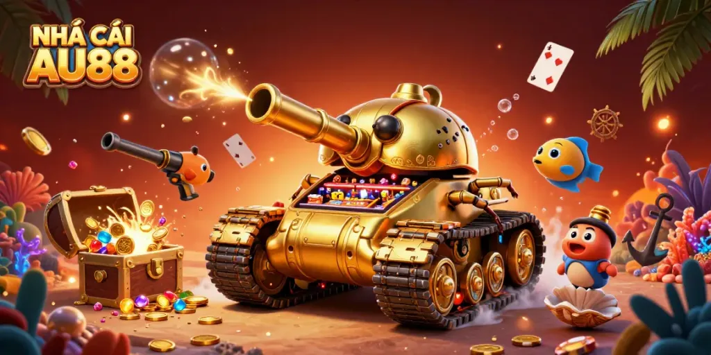 Experience the excitement of gaming at NHÀ CÁI AU88 with a dynamic casino depicted in a golden beetle tank.