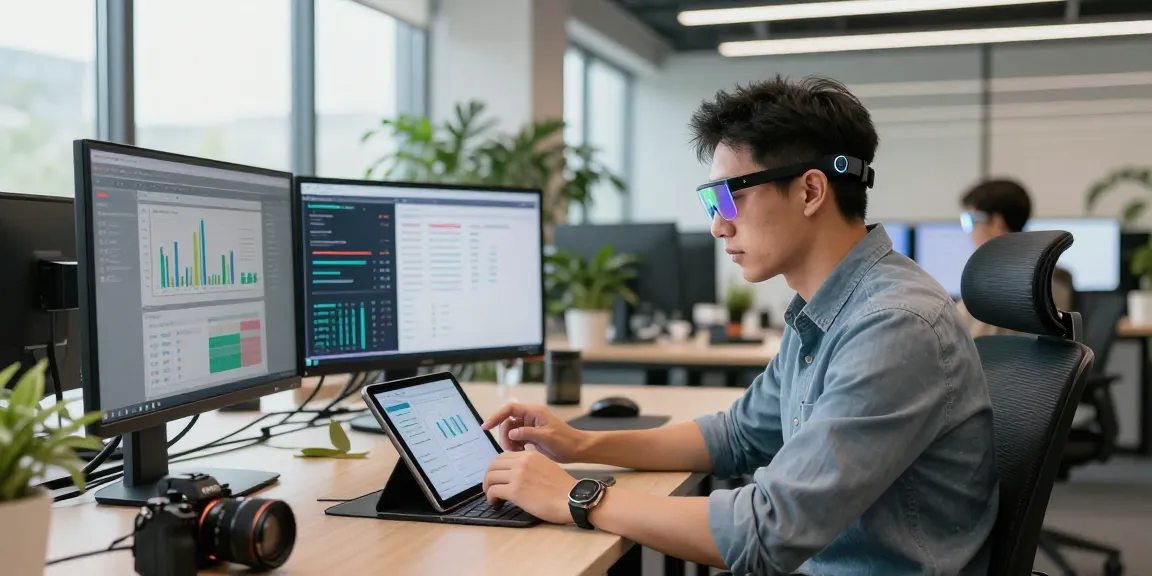 Professional in smart AI wearables interacting with high-tech workspace tools and screens.