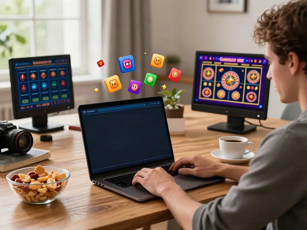 Exciting gaming atmosphere with a player at non Gamstop UK casinos, laptop and colorful casino games.