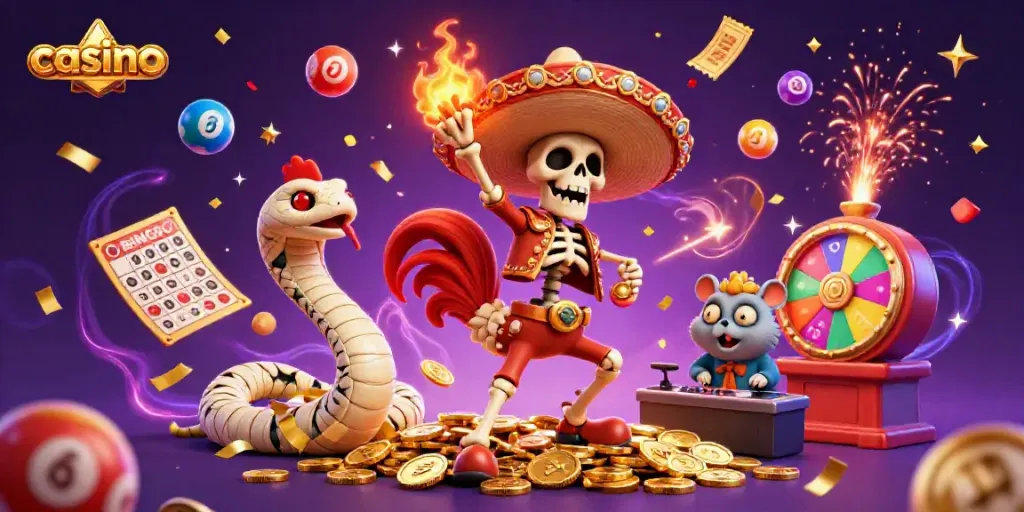 Celebrate casino wins with a vibrant 3D illustration featuring a mariachi rooster and a DJ hamster.