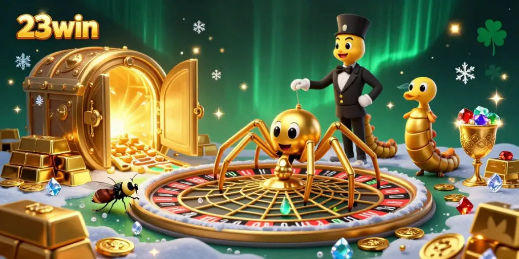 Bet on 23win at a thrilling roulette wheel created by a golden spider, surrounded by treasures and gems.