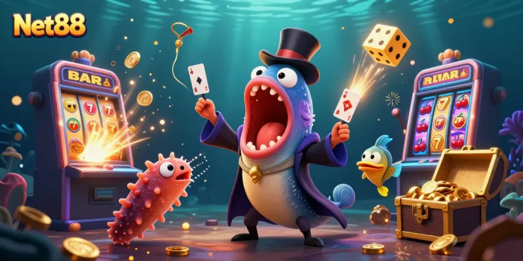 Experience thrilling wins with Net88, featuring a magical underwater scene filled with vibrant casino elements.