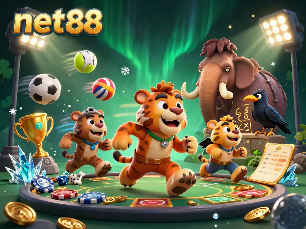 Experience the thrill of gaming at net88 with a vibrant prehistoric casino scene featuring lively characters.