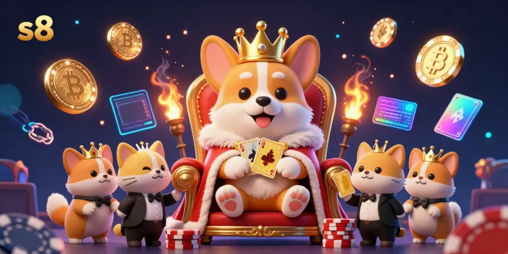 S8 gaming excitement with royal corgi on poker chip throne, cryptocurrency elements abundant.