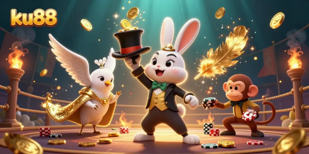 ku88 magic scene featuring a rabbit, dove, and monkey with gold coins and poker chips.