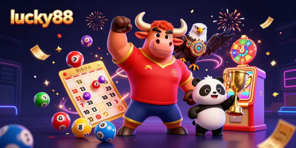 Engage in exciting gameplay with lucky88, showcasing victory poses by vibrant characters amidst bursting colors.