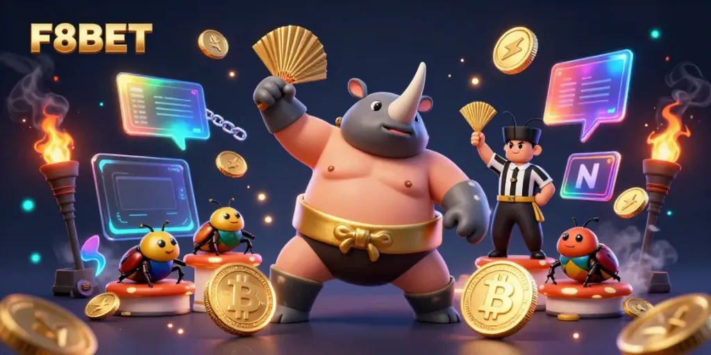 F8BET presents a dynamic sumo beetle champion generating winnings with vibrant coins flying in the casino atmosphere.