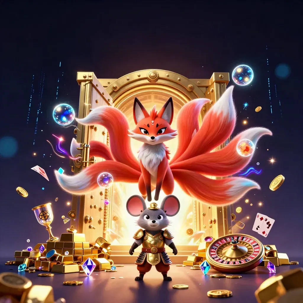 Nine-tailed fox spirit and armored mouse before a vault blast of gold and neon casino energy
