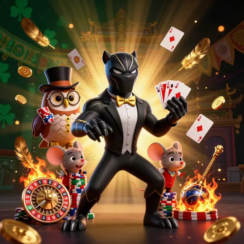 Black panther, owl and mouse casino heroes amid gold, cards, temple gate and torchlight.