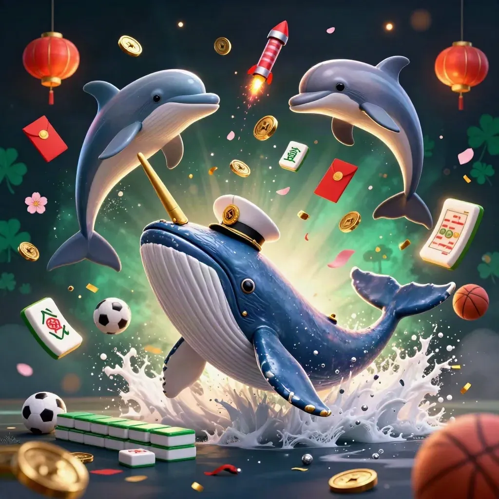 Whale, narwhal and dolphins erupt through coins under dramatic casino lights with sports props.