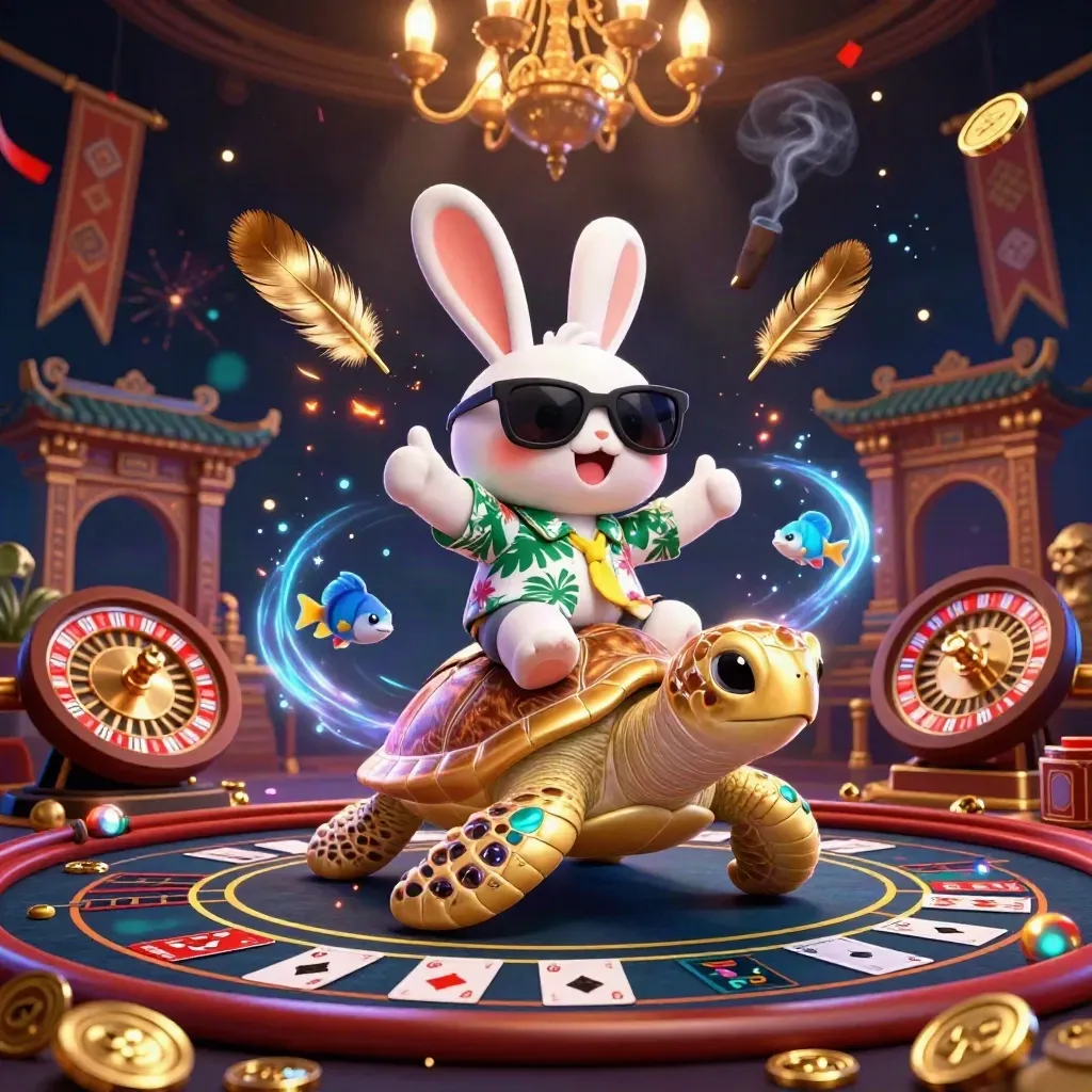 Cartoon rabbit rides a golden turtle through a luxe casino room with roulette, cards, and fireworks.