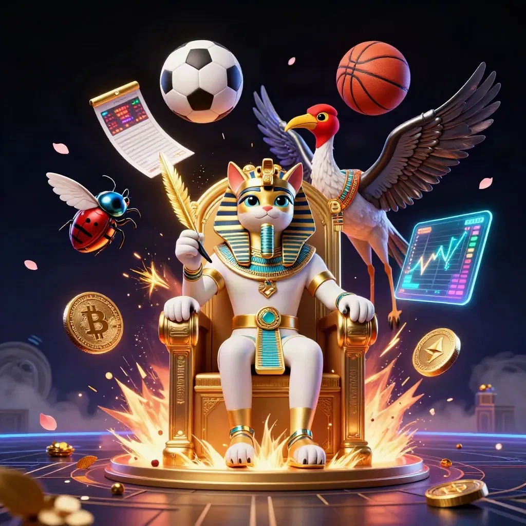 Pharaoh cat, ibis and scarabs amid coins, balls, lightning and neon casino effects.