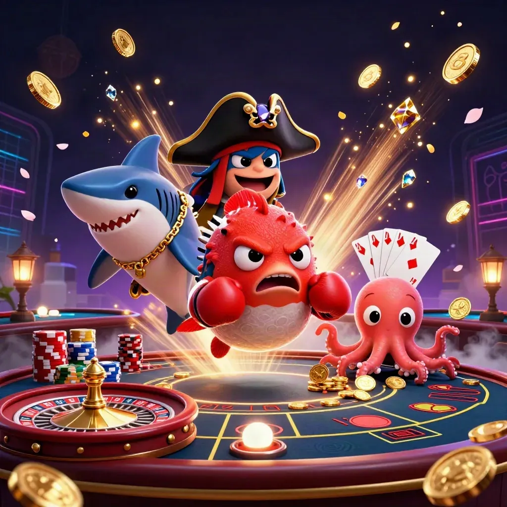 Shark pirate, pufferfish boxer, and juggling octopus amid casino lights, coins, and chips
