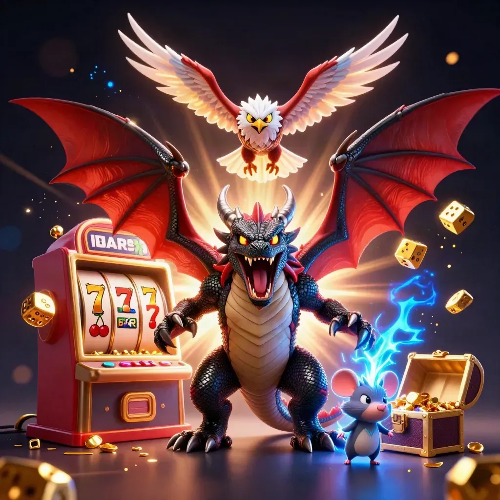 Thunder dragon, hawk, and mouse explode with slot-machine gold and blue lightning.