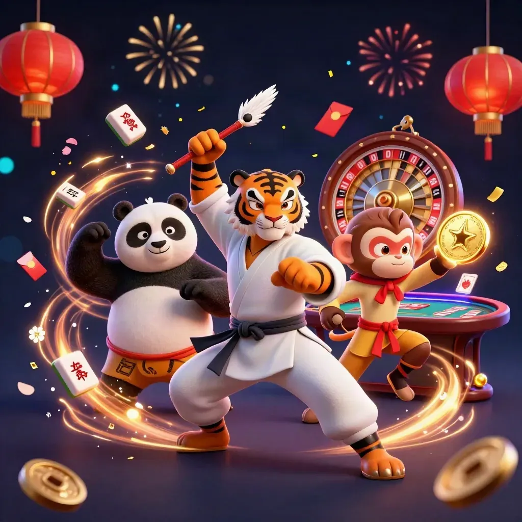 Kung-fu tiger, panda, and monkey amid mahjong tiles, lanterns, and casino lights in a navy room.