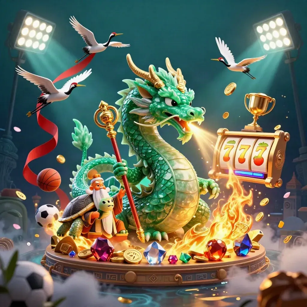 Emerald dragon, turtle sage and cranes amid casino treasures, balls and blue underwater light