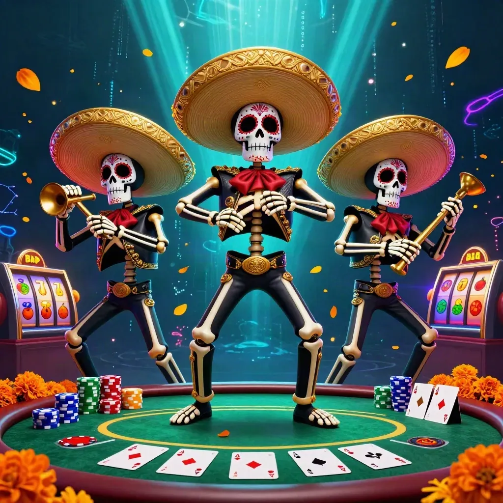 Skeleton mariachi trio bursts over poker chips and reels in a deep blue neon casino scene