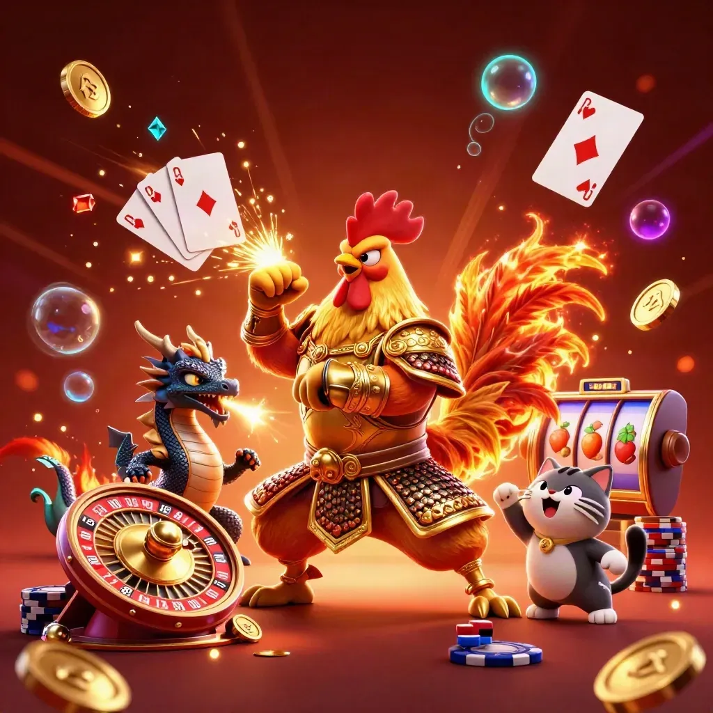 Rooster samurai, dragon hatchling and lucky cat amid coins, gems, wheels and casino glow.