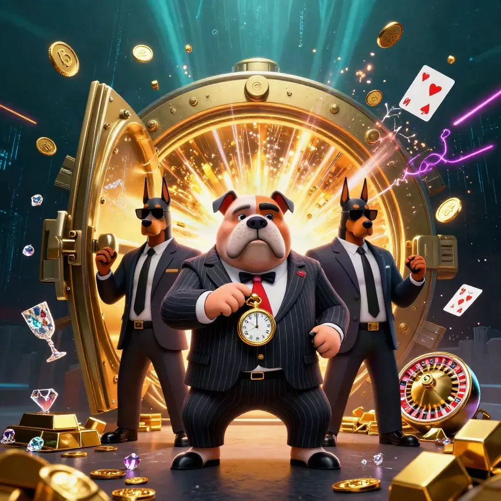 Cartoon bulldog boss and two doberman guards burst from a vault amid gold, gems, and neon energy.
