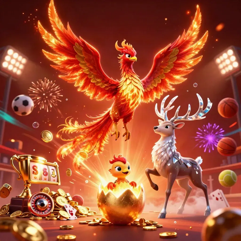 Phoenix, baby phoenix, and stag amid coins, sports balls, trophy, fireworks, and glowing casino effects.