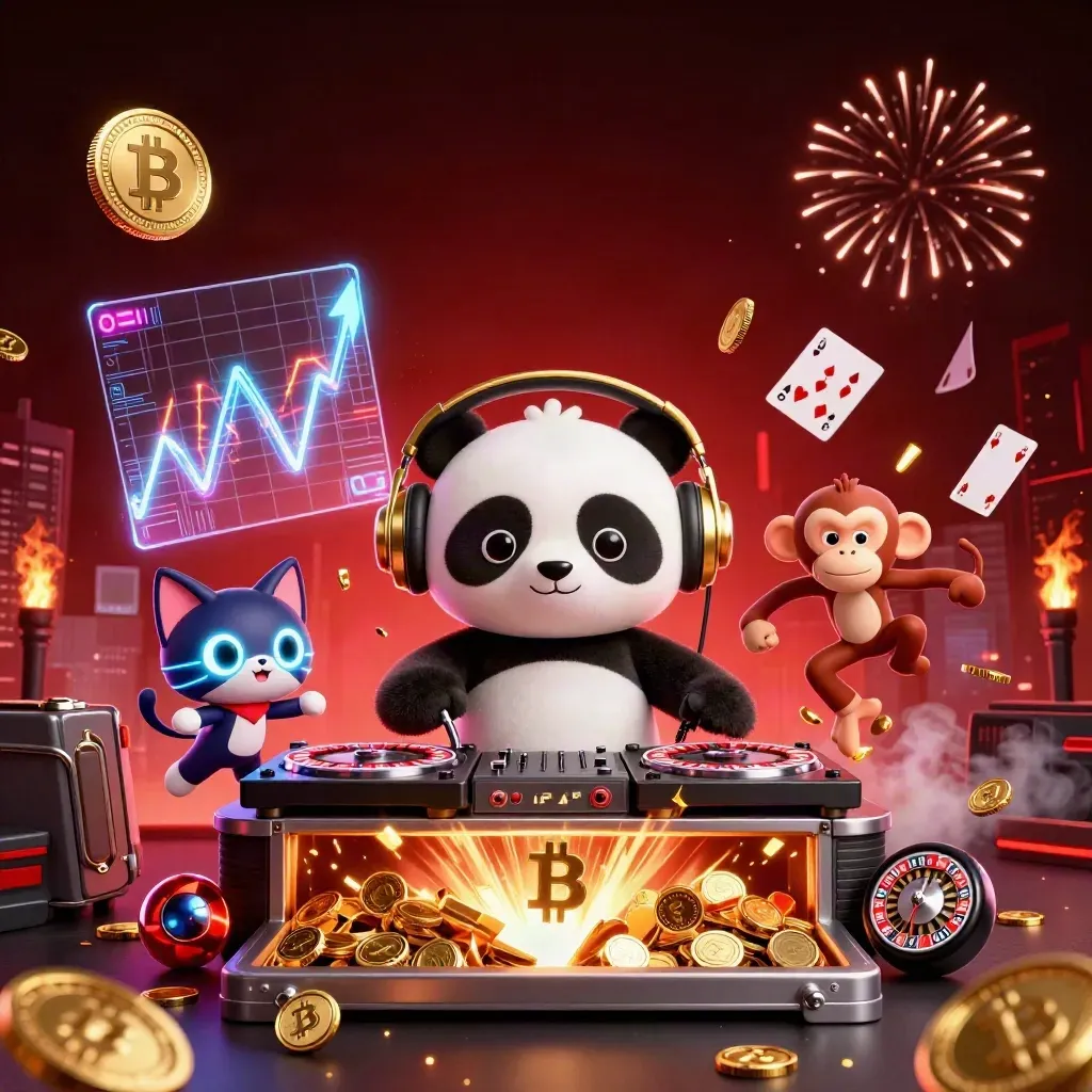 DJ panda, breakdancing monkey, and rave kitten amid gold coins, neon crypto, and casino effects