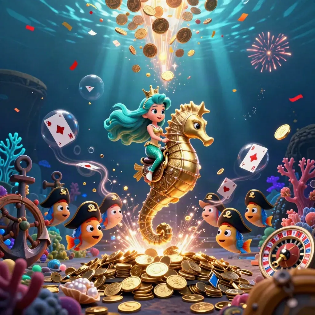 Mermaid princess on gold seahorse amid treasure, coins, fish pirates, fireworks in dark teal water.