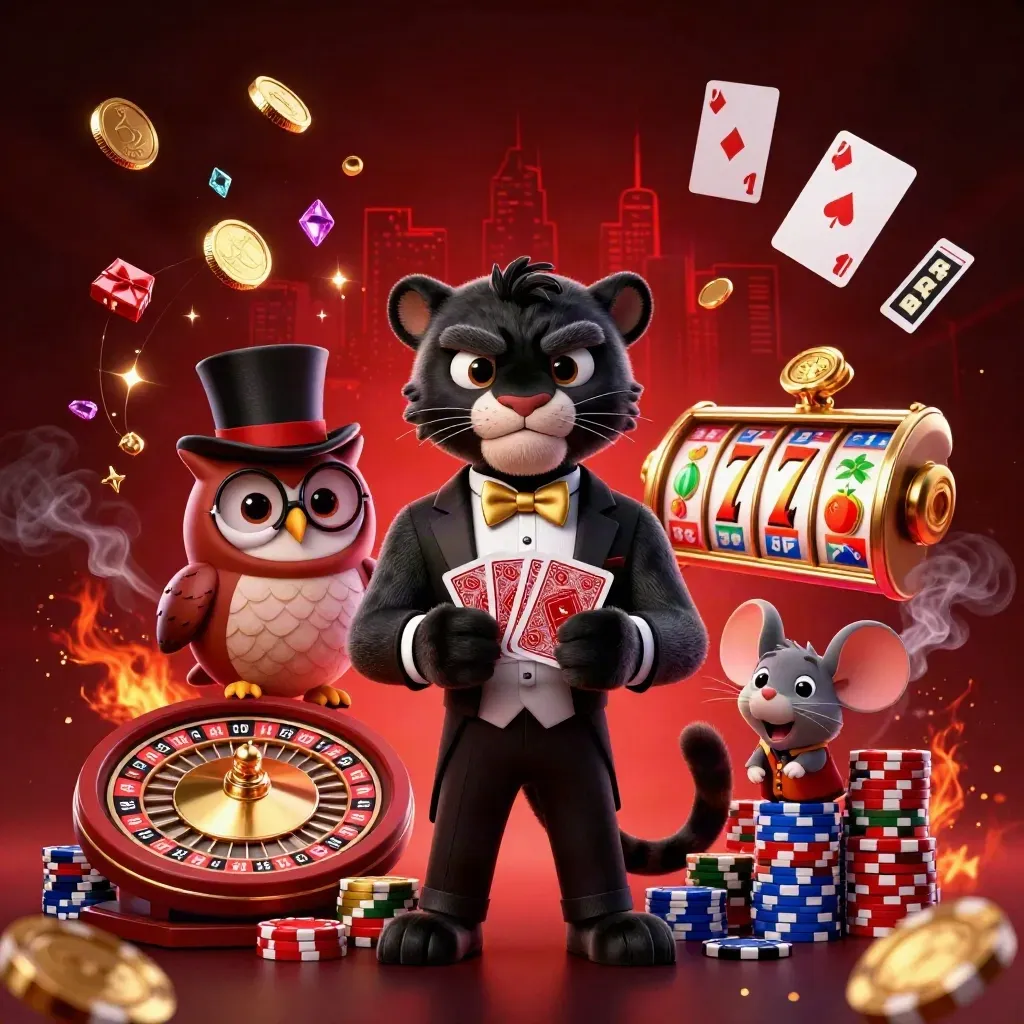 Panther, owl, and mouse amid casino chips, coins, roulette wheel, and red neon glow.