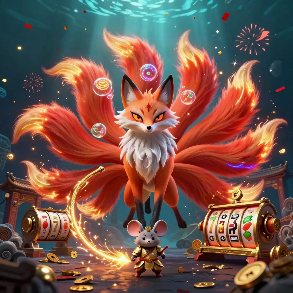 Neon nine-tailed fox spirit and armoured mouse amid casino reels, coins and temple fire.