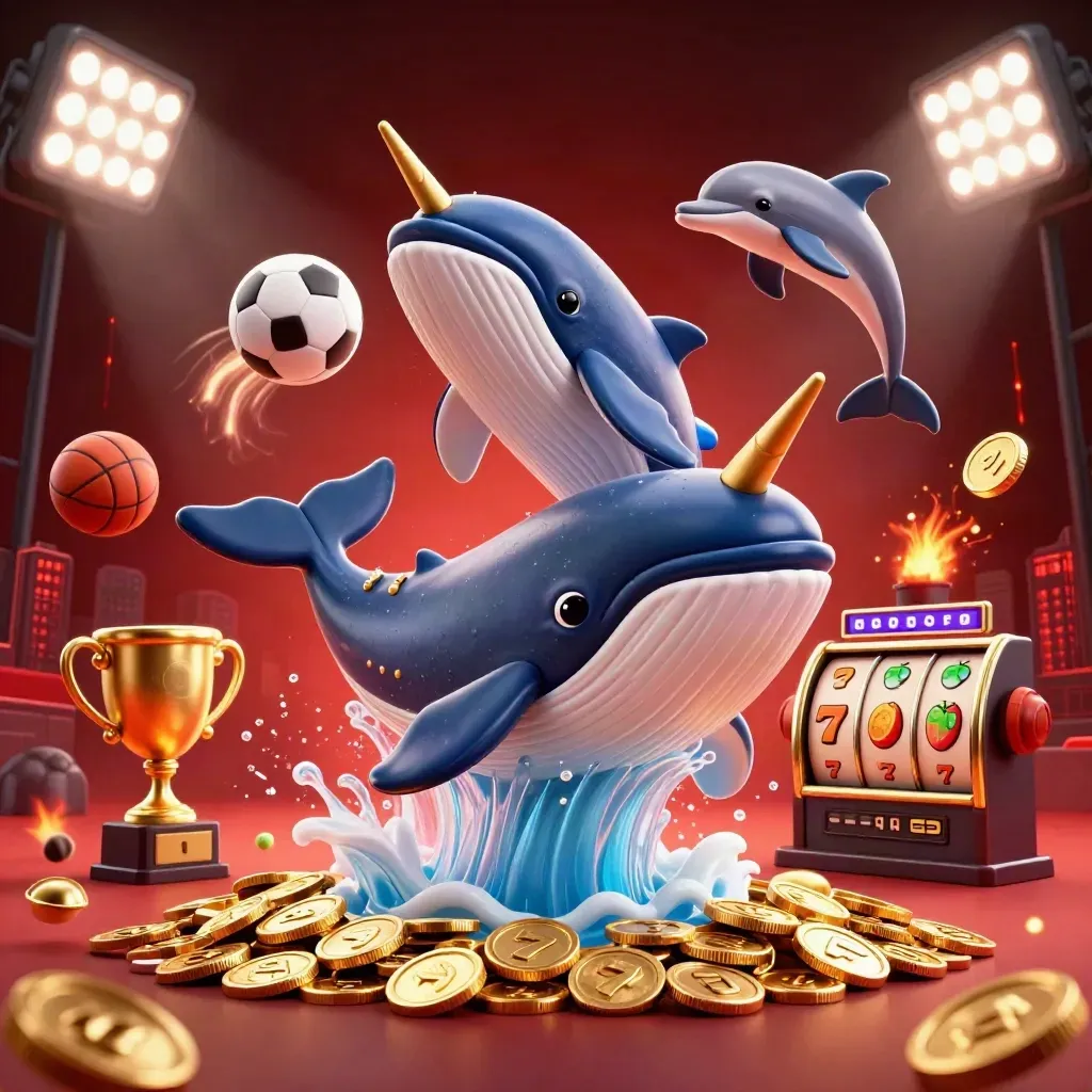 Whale captain breaching coin waves with narwhal, dolphins, sports balls and casino reels.