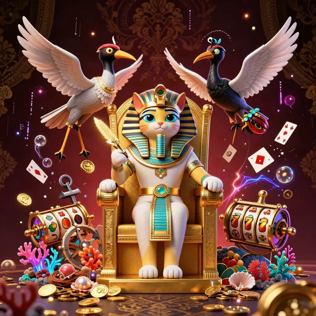 Pharaoh cat, ibis scribe, and gem scarabs amid gold coins, coral, and casino symbols