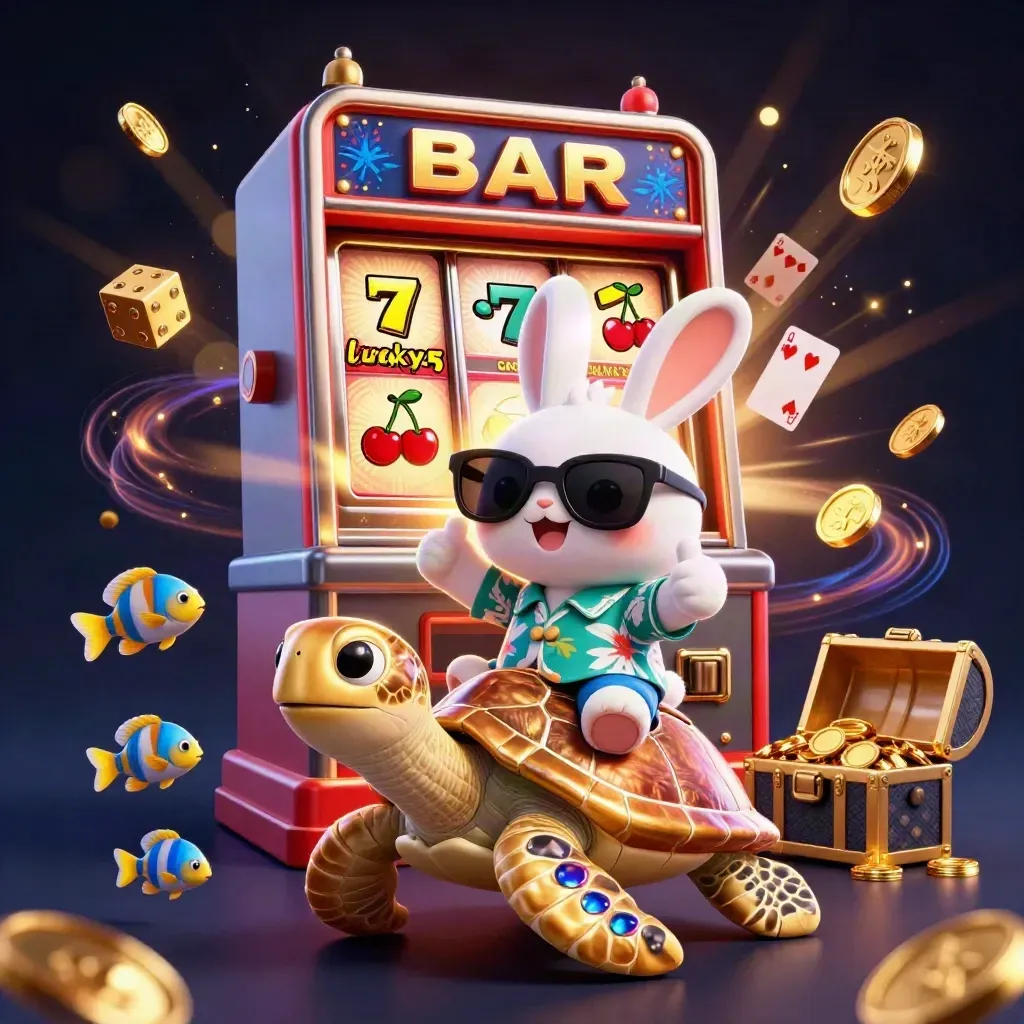 Lucky rabbit rides a golden turtle amid slot symbols, coins, and sparkling casino lights.