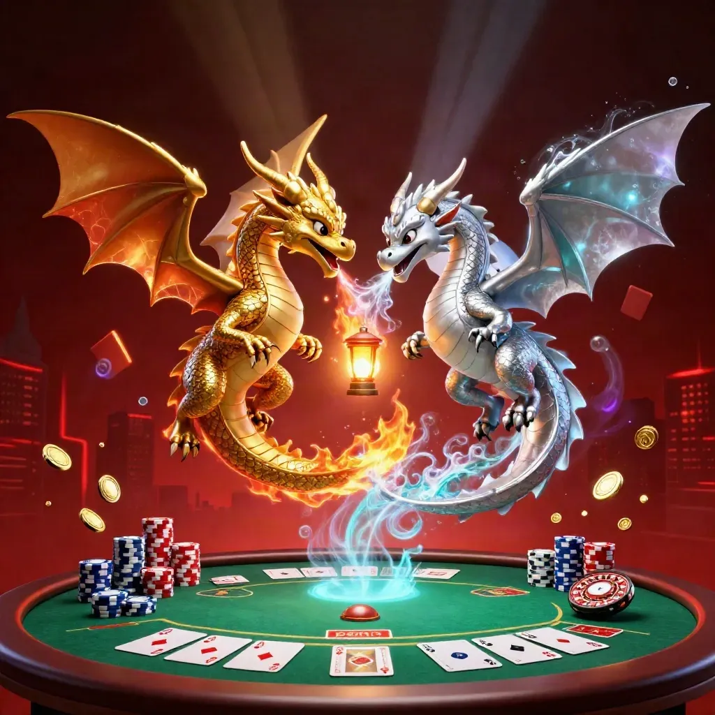 Gold and silver dragons spiral over chips, cards, aces and coins in a neon casino burst.