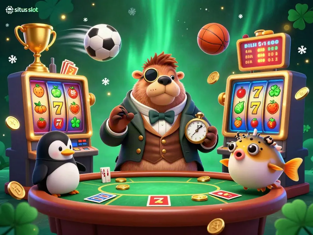 Situs slot illustration showcasing an engaging underwater casino scene with a walrus and penguin dealer.