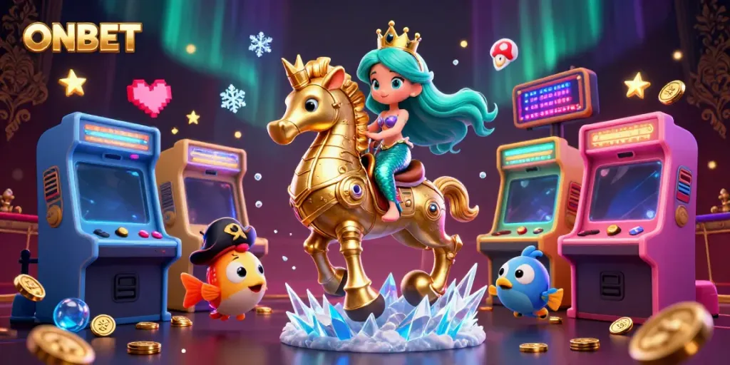Engage in ONBET's thrilling underwater casino with a mermaid and seahorse, animated with colorful game elements.